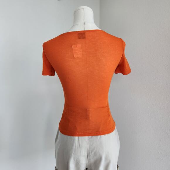 Lucca Orange Twist Front Short Sleeve Stretch Tee Micro Rib Knit Top XS - Picture 5 of 7